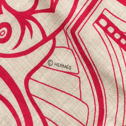 Hermes Cashmere Silk Folklore d'Henri d'Origny Giant Pointe Triangle Shawl Naturel Fuchsia Rose Poudre 3 of 4