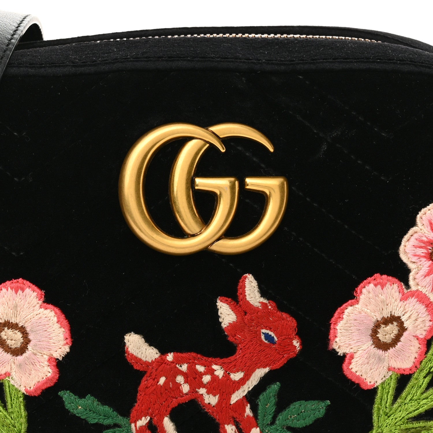 Gucci Velvet Matelasse Deer Embroidered Small GG Marmont Chain Shoulder Bag Black 9 of 11
