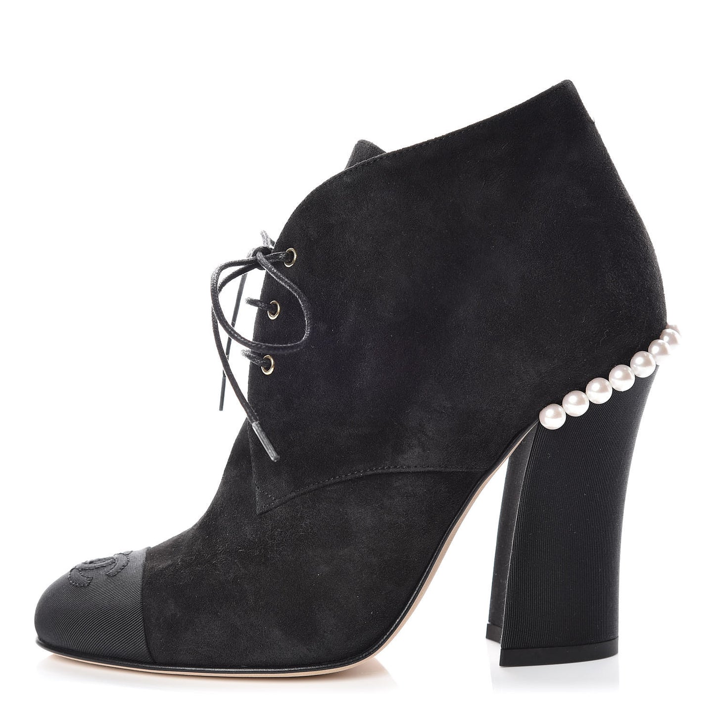 Suede Grosgrain Pearl Lace Up Booties 35.5 Black