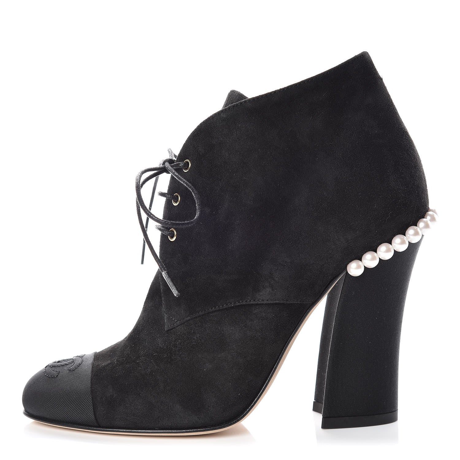Chanel Suede Grosgrain Pearl Lace Up Booties 35.5 Black 1 of 9