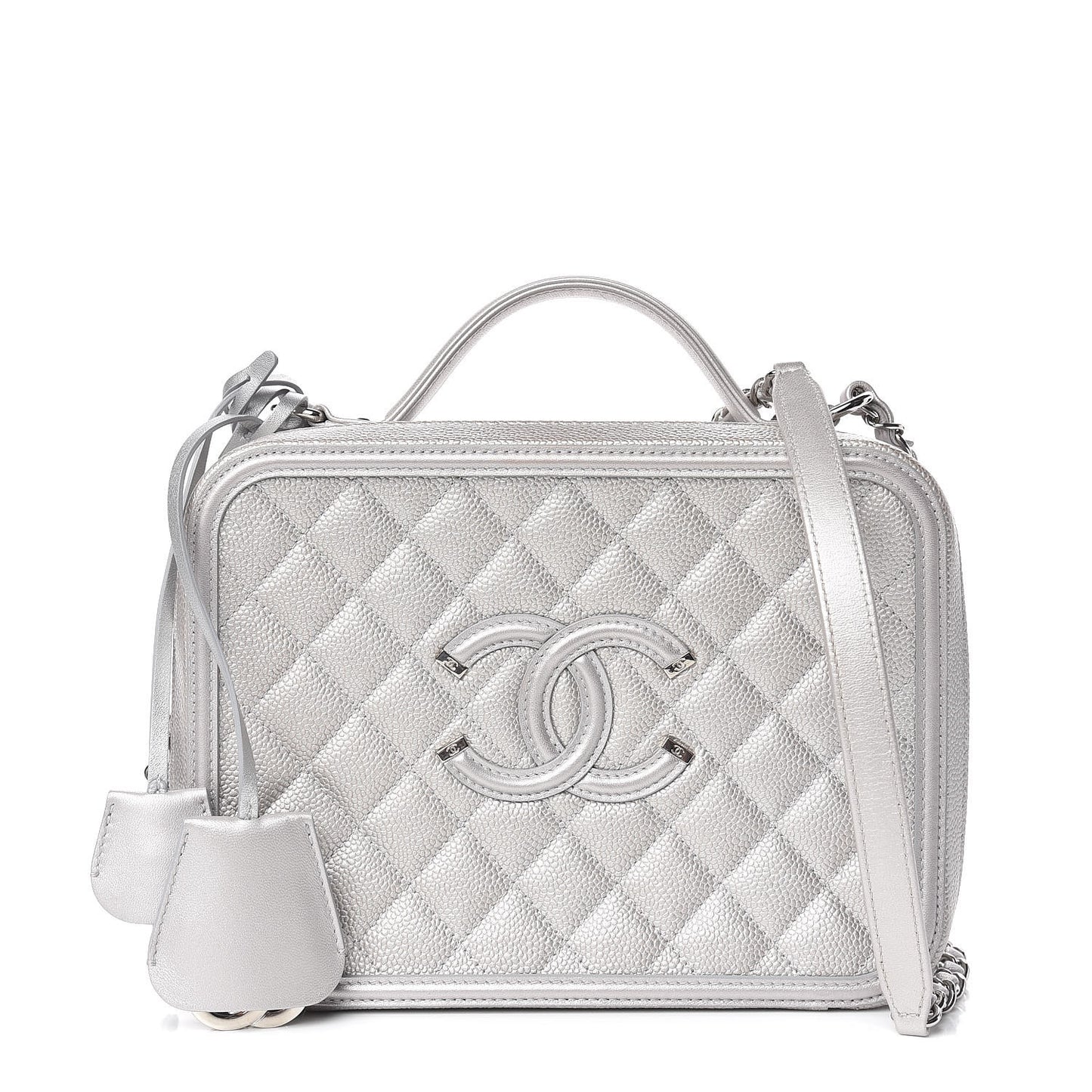 Metallic Caviar Quilted Large CC Filigree Vanity Case Silver