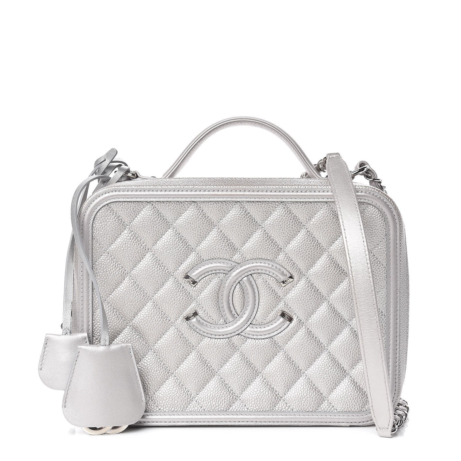 Chanel Metallic Caviar Quilted Large CC Filigree Vanity Case Silver 1 of 12