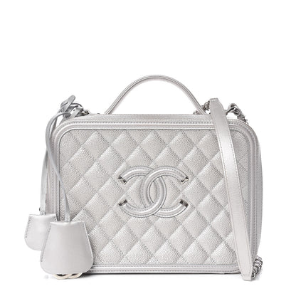 Chanel Metallic Caviar Quilted Large CC Filigree Vanity Case Silver 1 of 12