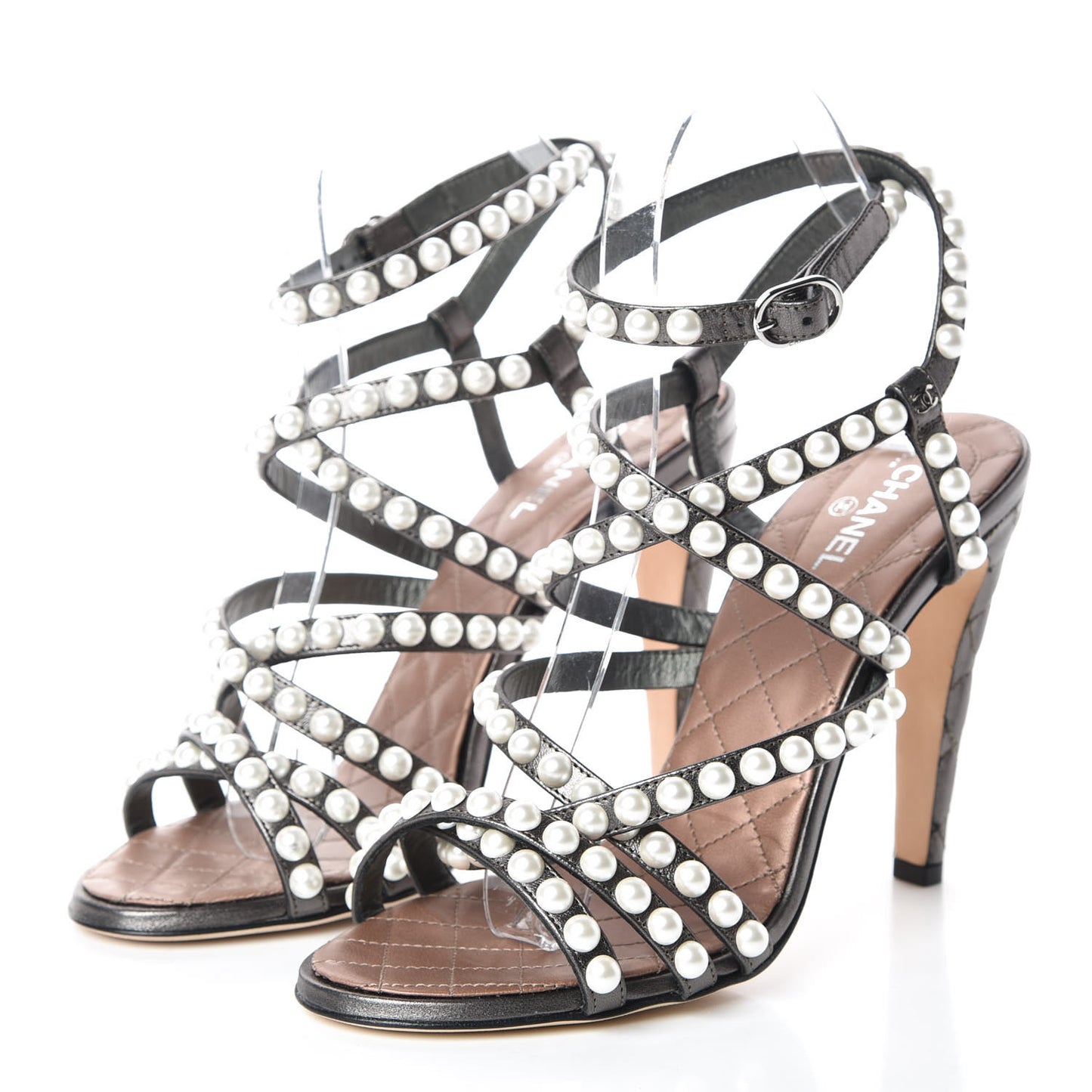 Laminated Lambskin Quilted Pearl Sandals 37.5 Khaki