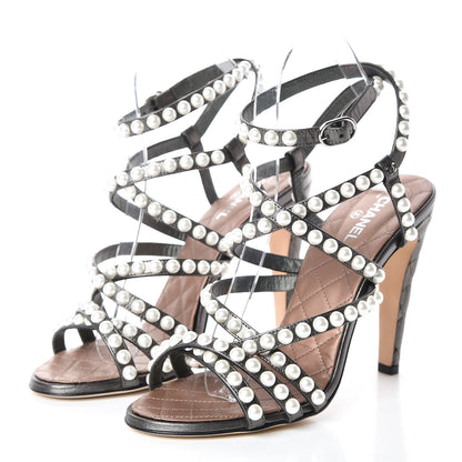 Chanel Laminated Lambskin Quilted Pearl Sandals 37.5 Khaki 3 of 10