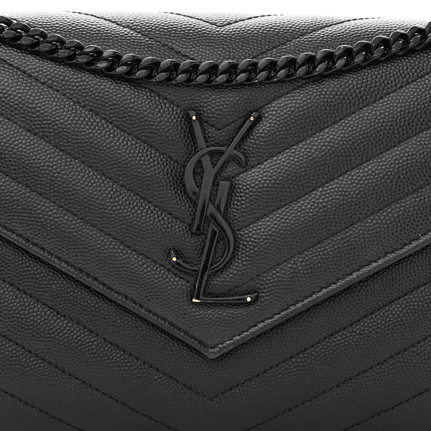 Saint Laurent Grain De Poudre Matelasse Chevron Monogram Monochrome Chain Wallet Black 7 of 12