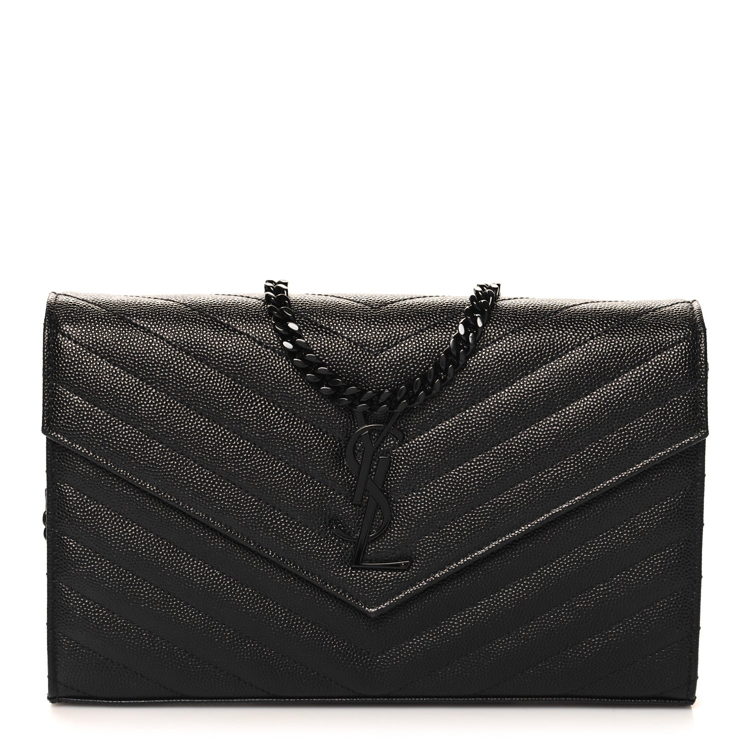 Saint Laurent Grain De Poudre Matelasse Chevron Monogram Monochrome Chain Wallet Black 1 of 13