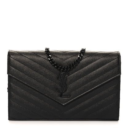 Saint Laurent Grain De Poudre Matelasse Chevron Monogram Monochrome Chain Wallet Black 1 of 13