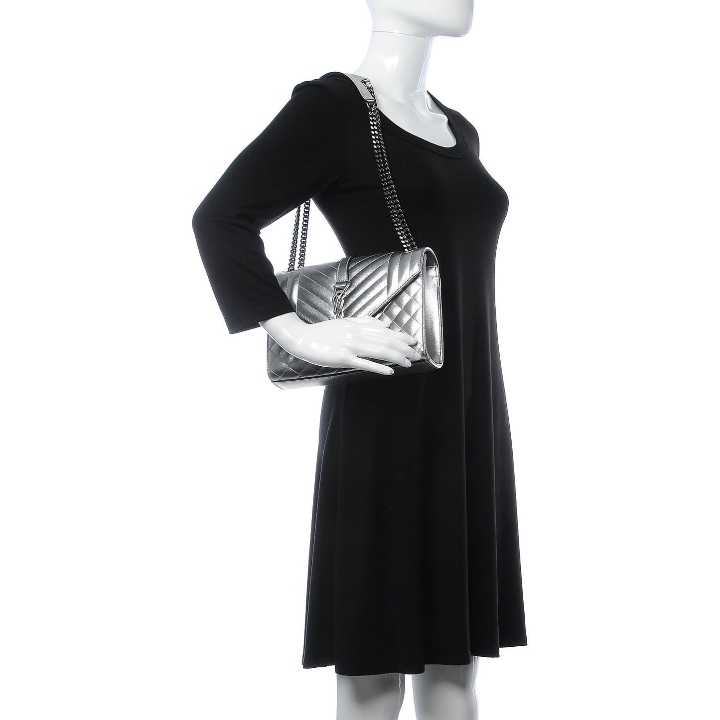 Metallic Grain De Poudre Textured Mixed Matelasse Triquilt Medium Monogram Satchel Silver