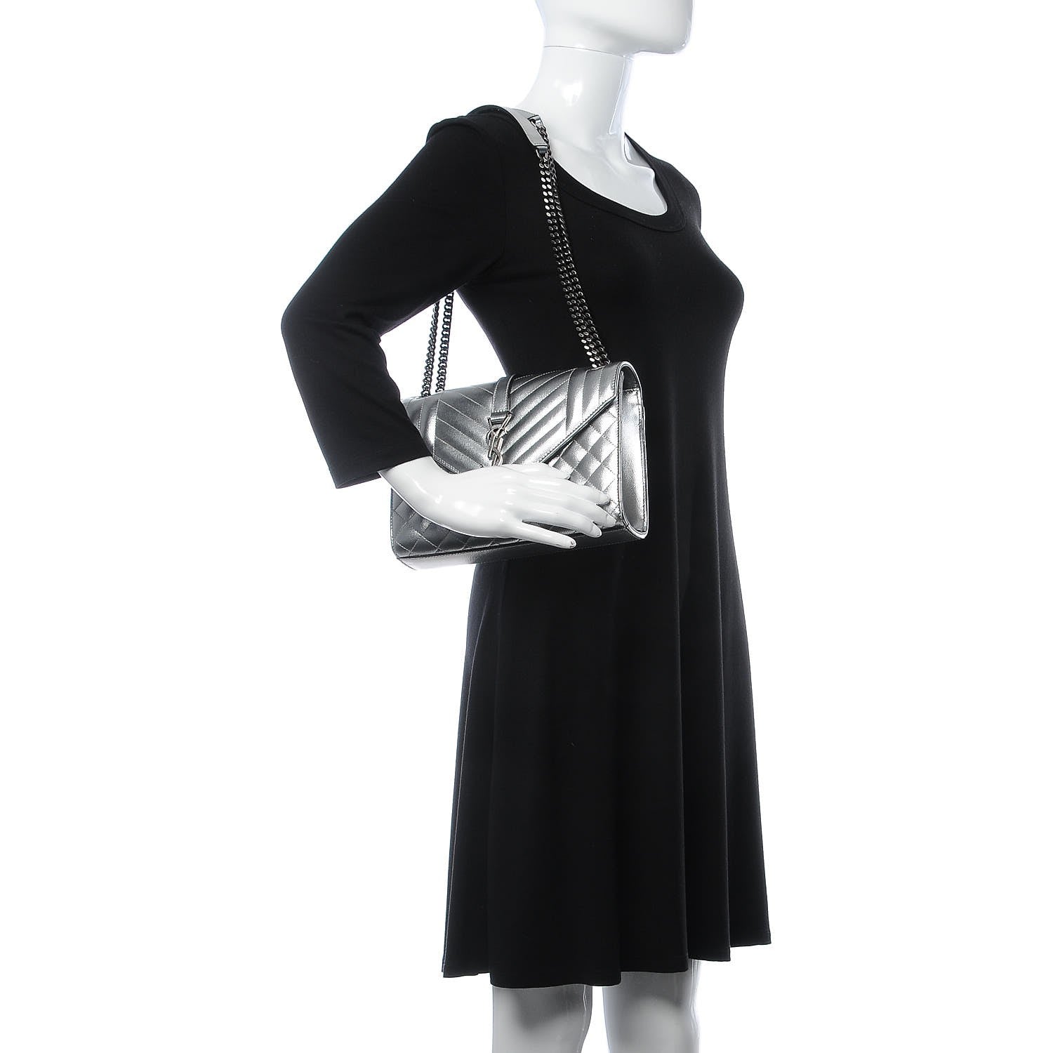 Saint Laurent Metallic Grain De Poudre Textured Mixed Matelasse Triquilt Medium Monogram Satchel Silver 3 of 8