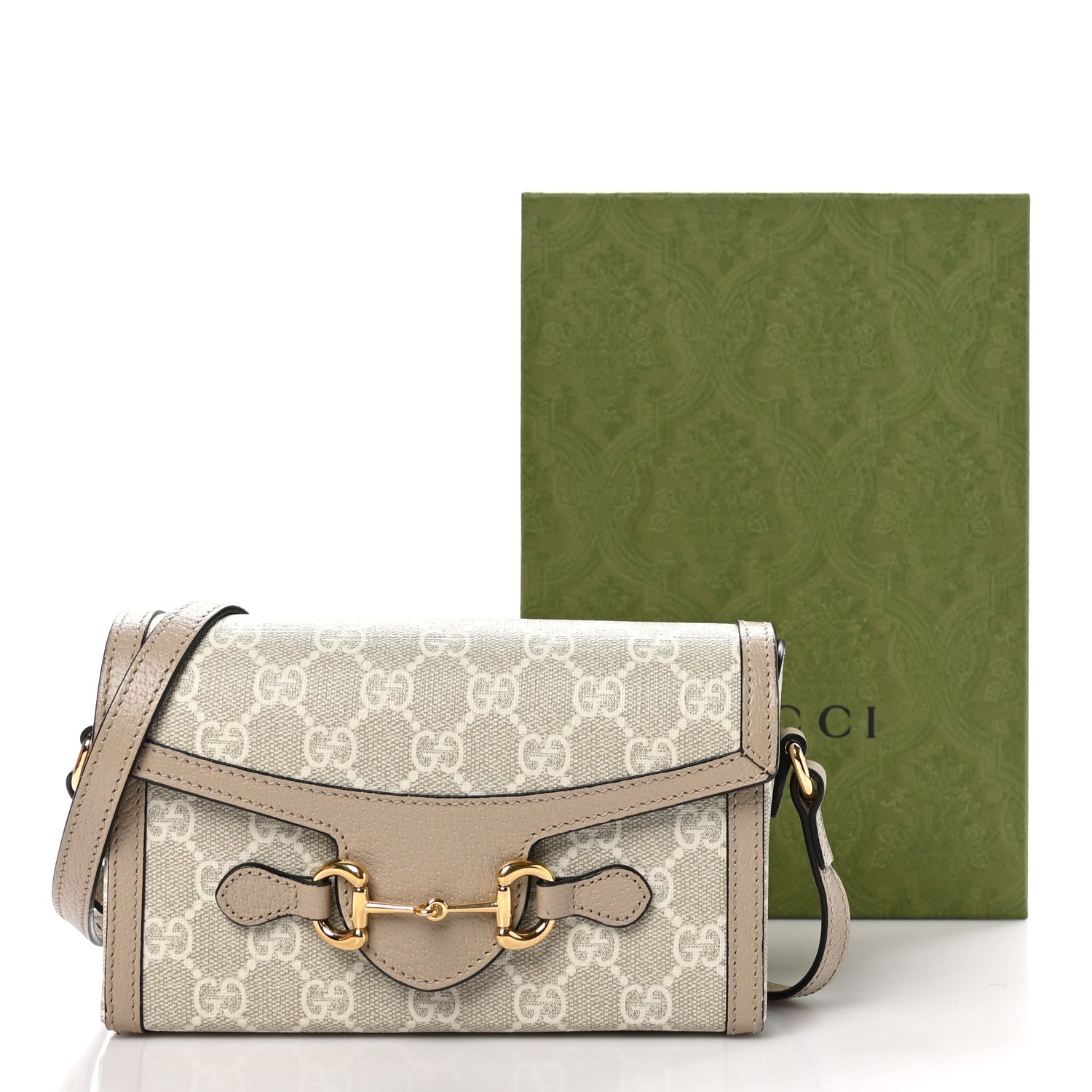Gucci GG Supreme Monogram Textured Dollar Calfskin Mini Horsebit 1955 Shoulder Bag Beige Mystic White Oatmeal 11 of 11