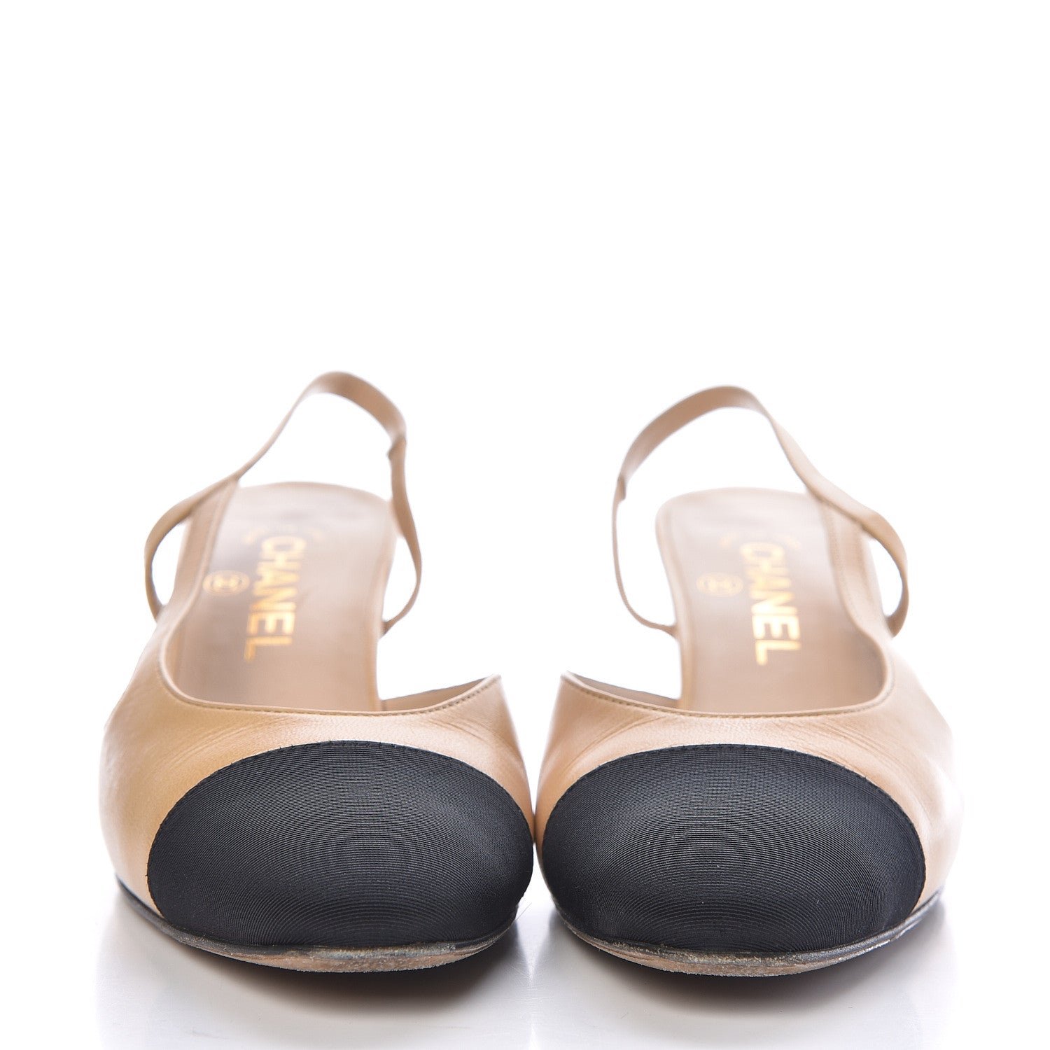 Chanel Goatskin Grosgrain Cap Toe CC Slingback Pumps 38.5 Beige Black 2 of 15