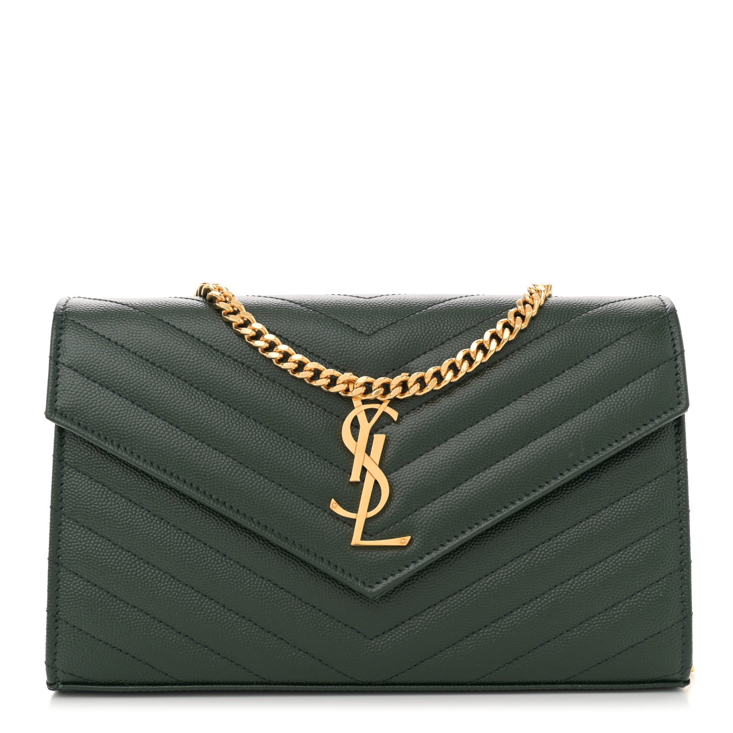 Saint Laurent Grain De Poudre Matelasse Chevron Monogram Chain Wallet Vert Fonce 1 of 12