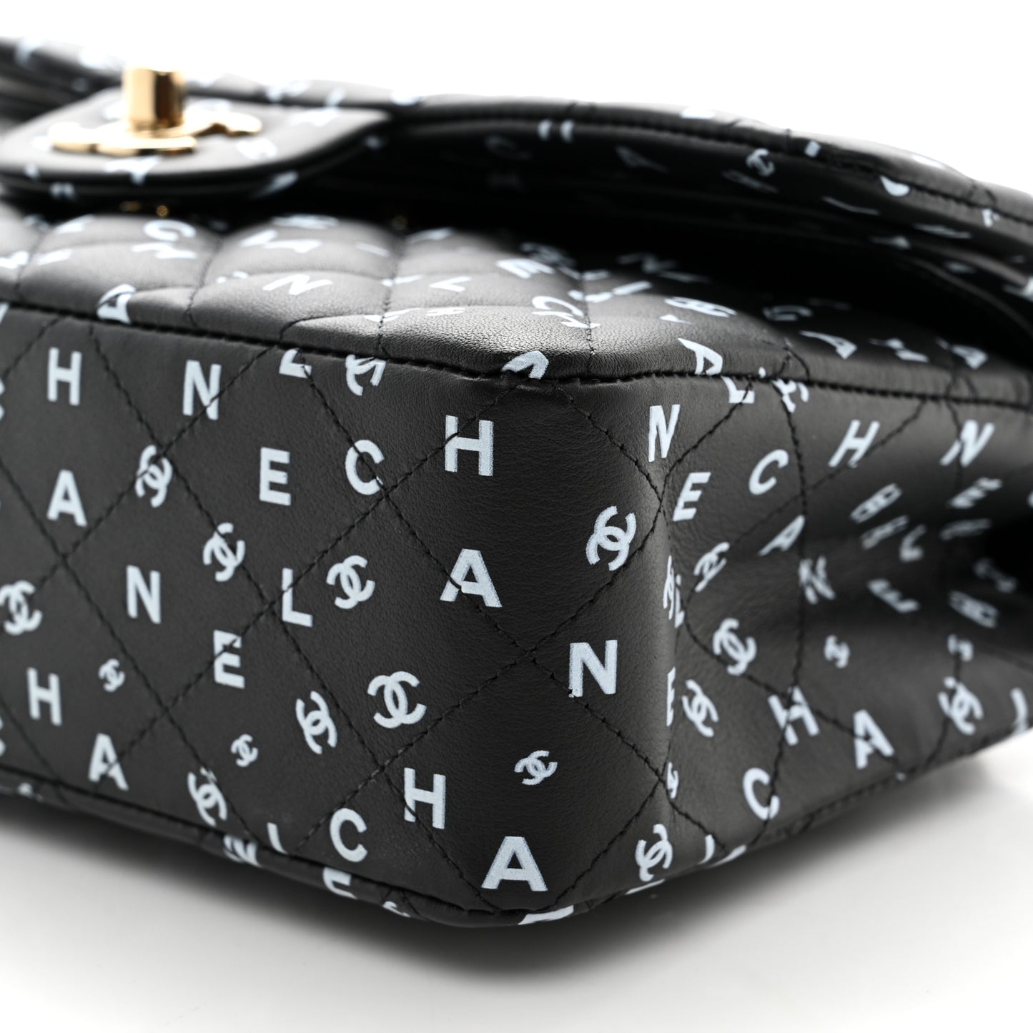Lambskin Quilted Logo CC Printed Small Double Flap Black White