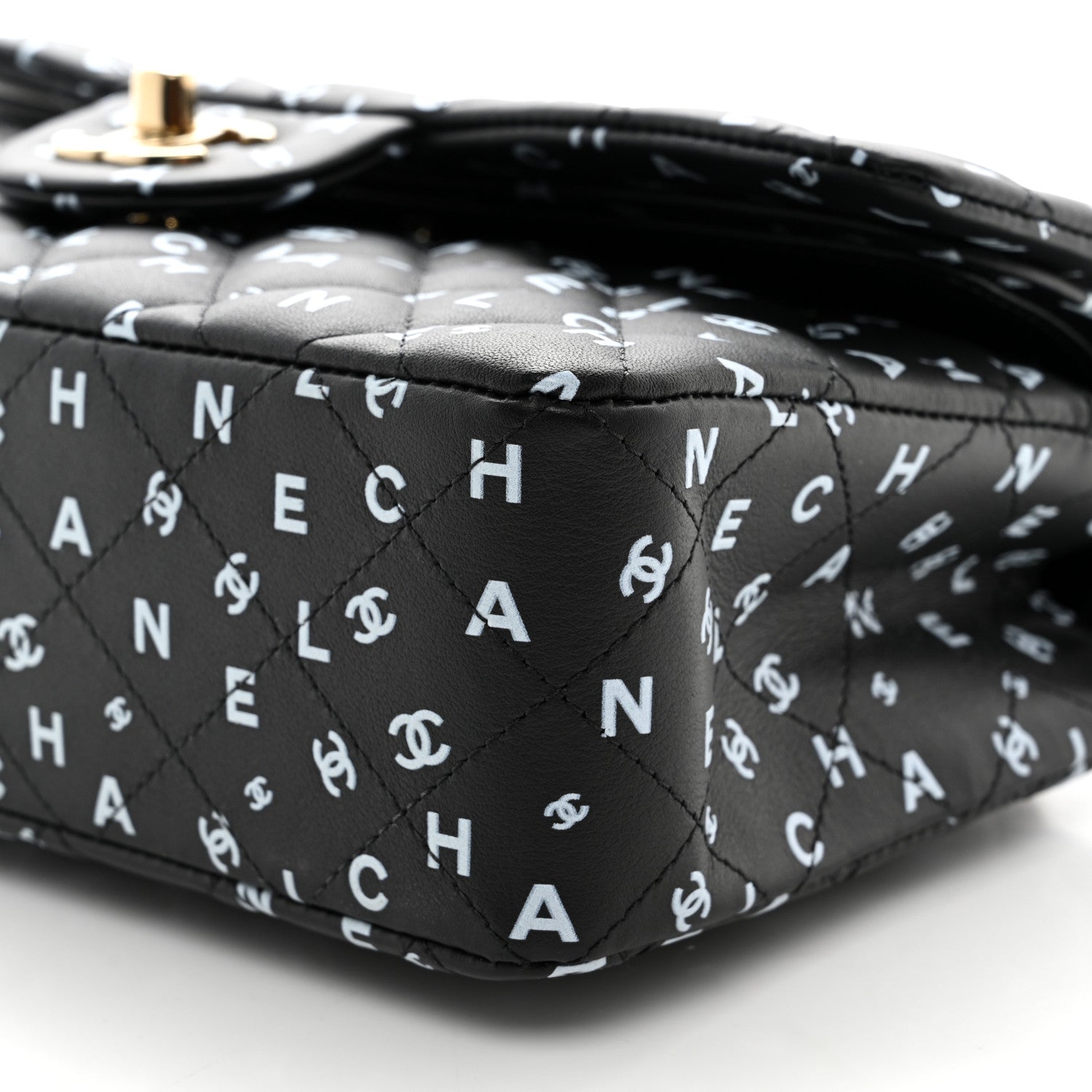 Chanel Lambskin Quilted Logo CC Printed Small Double Flap Black White 10 of 11