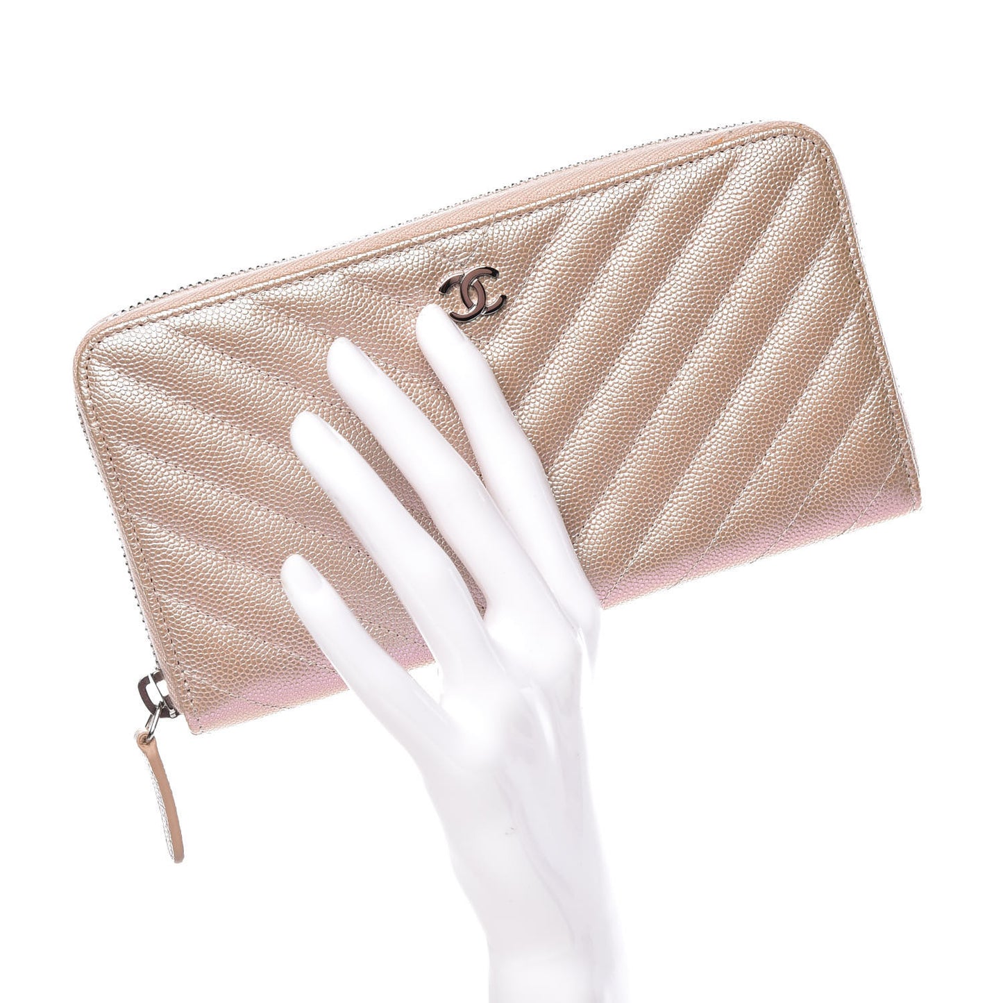 Metallic Caviar Chevron Quilted Small Zip Around Wallet Light Gold