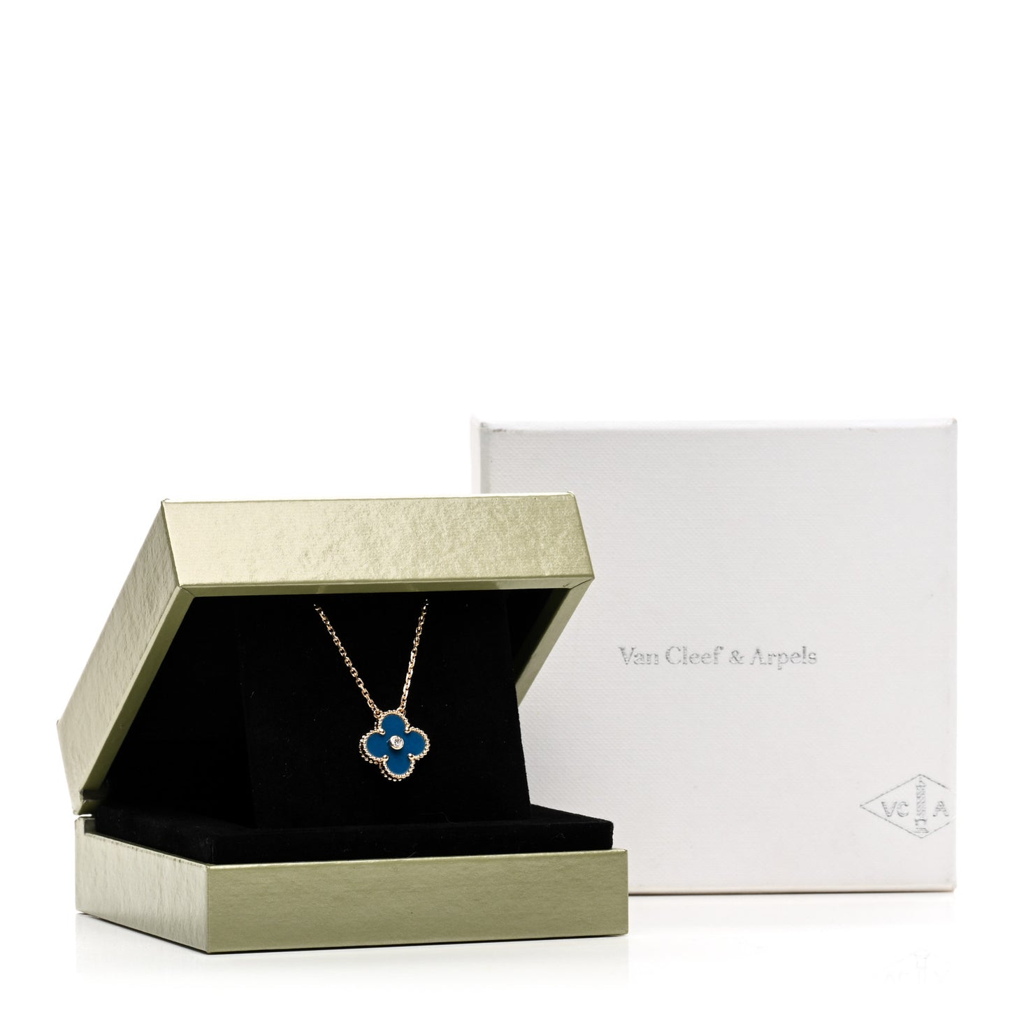 18K Yellow Gold Diamond Celestial Blue Sevres Porcelain Vintage Alhambra Pendant Necklace