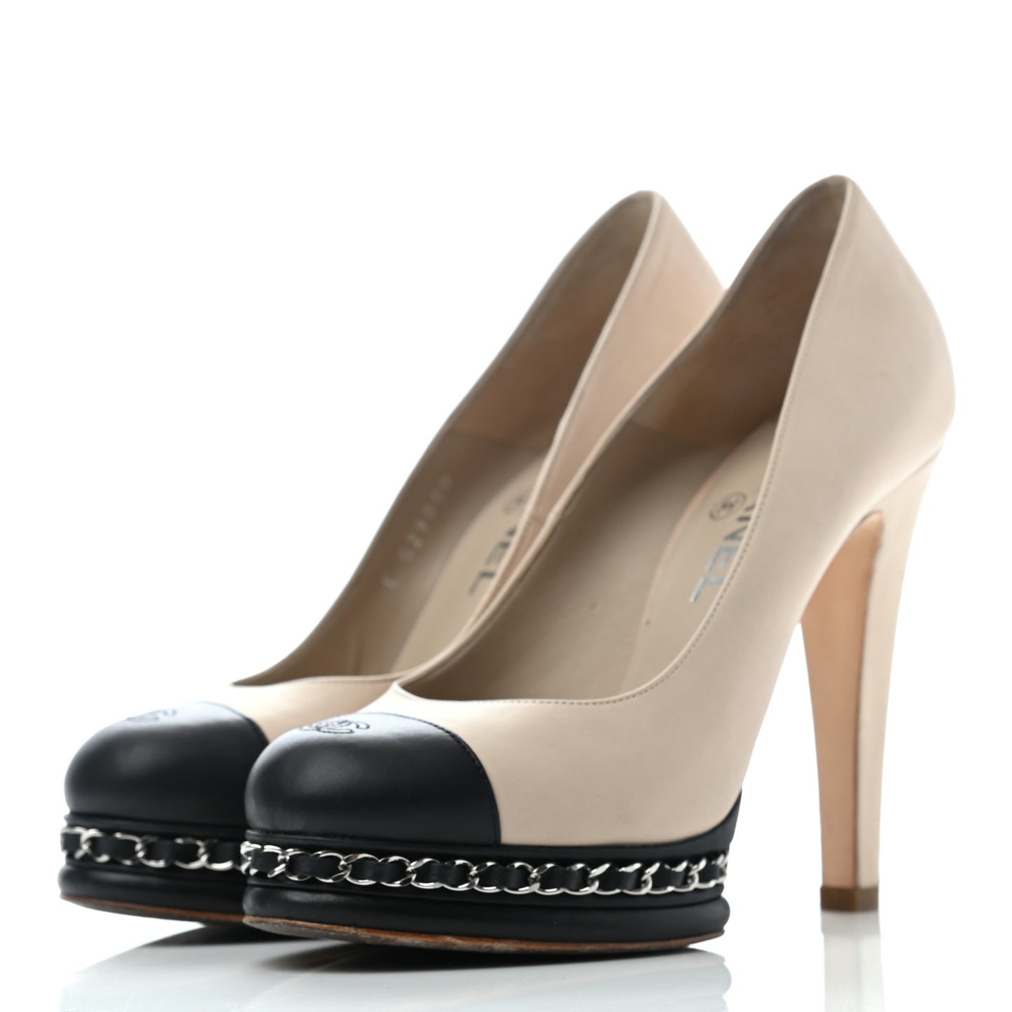 Calfskin CC Cap Toe Platform Chain Pumps 37 Beige Black