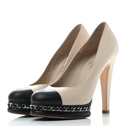 Chanel Calfskin CC Cap Toe Platform Chain Pumps 37 Beige Black 3 of 11