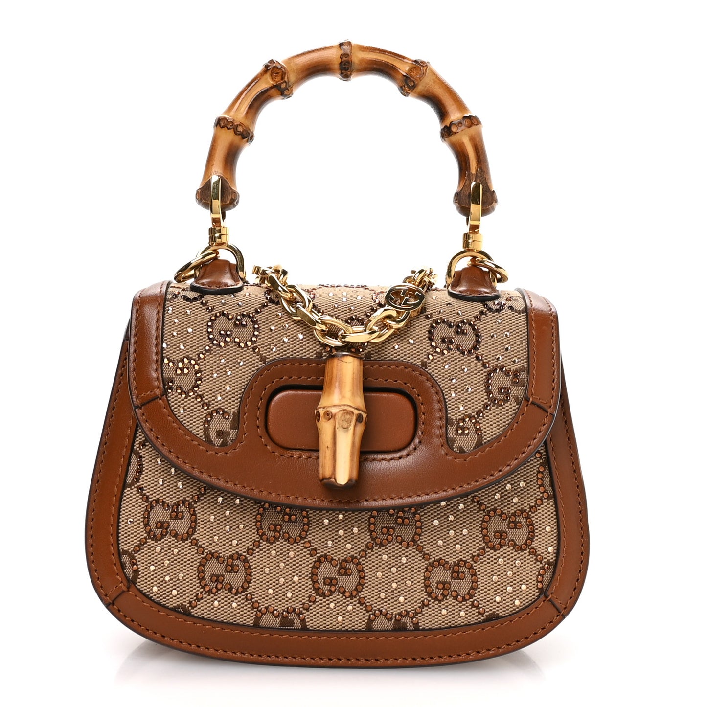 New Canvas Charisma Calfskin Crystal GG Monogram Small Bamboo 1947 Top Handle Bag Camel Ebony