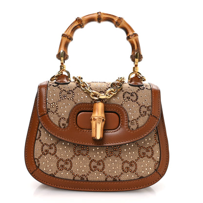Gucci New Canvas Charisma Calfskin Crystal GG Monogram Small Bamboo 1947 Top Handle Bag Camel Ebony 1 of 11