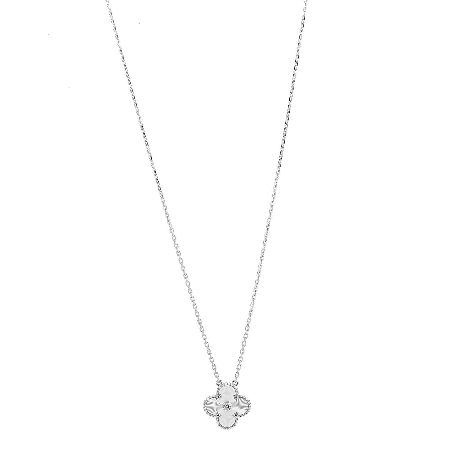 18K White Gold Diamond Guilloche Vintage Alhambra Pendant Necklace