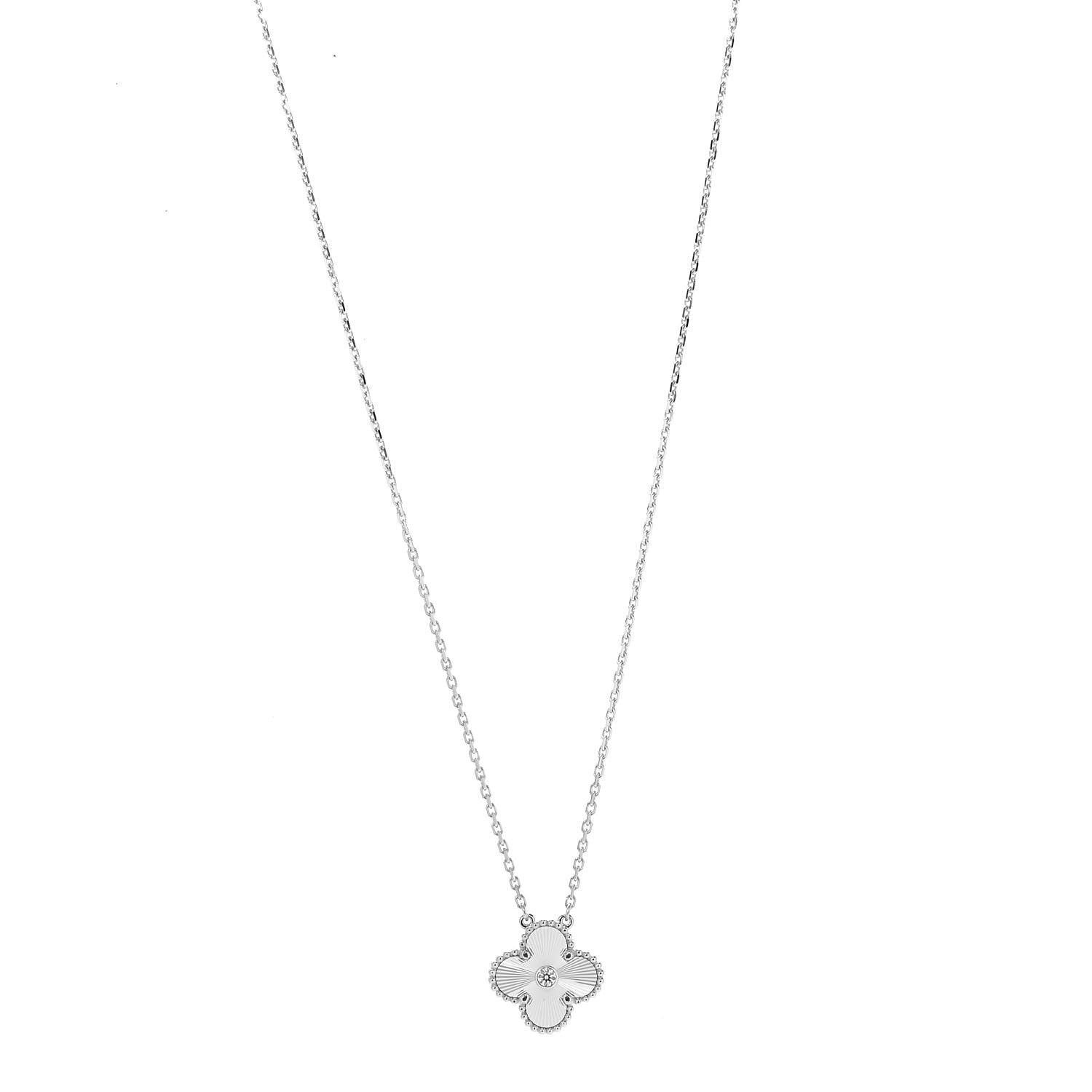 Van Cleef & Arpels 18K White Gold Diamond Guilloche Vintage Alhambra Pendant Necklace 1 of 6
