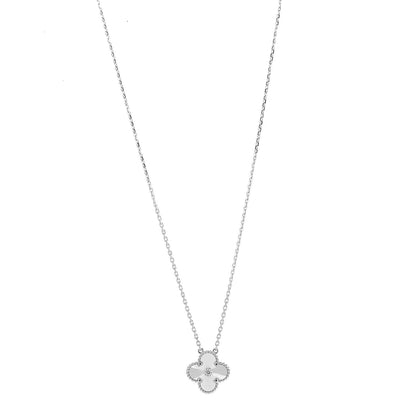 Van Cleef & Arpels 18K White Gold Diamond Guilloche Vintage Alhambra Pendant Necklace 1 of 6
