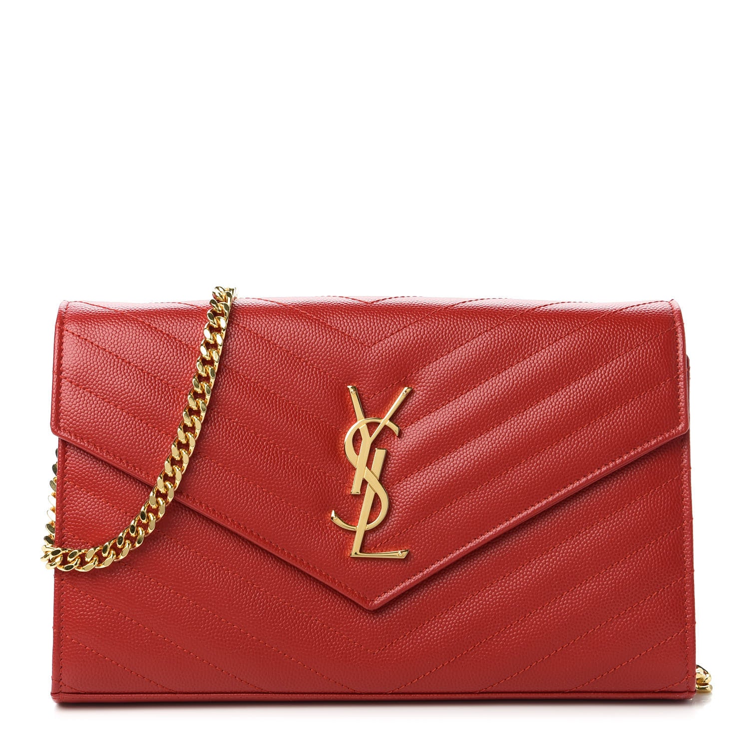 Saint Laurent Grain De Poudre Matelasse Chevron Monogram Chain Wallet Red 1 of 11