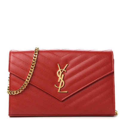 Saint Laurent Grain De Poudre Matelasse Chevron Monogram Chain Wallet Red 1 of 11