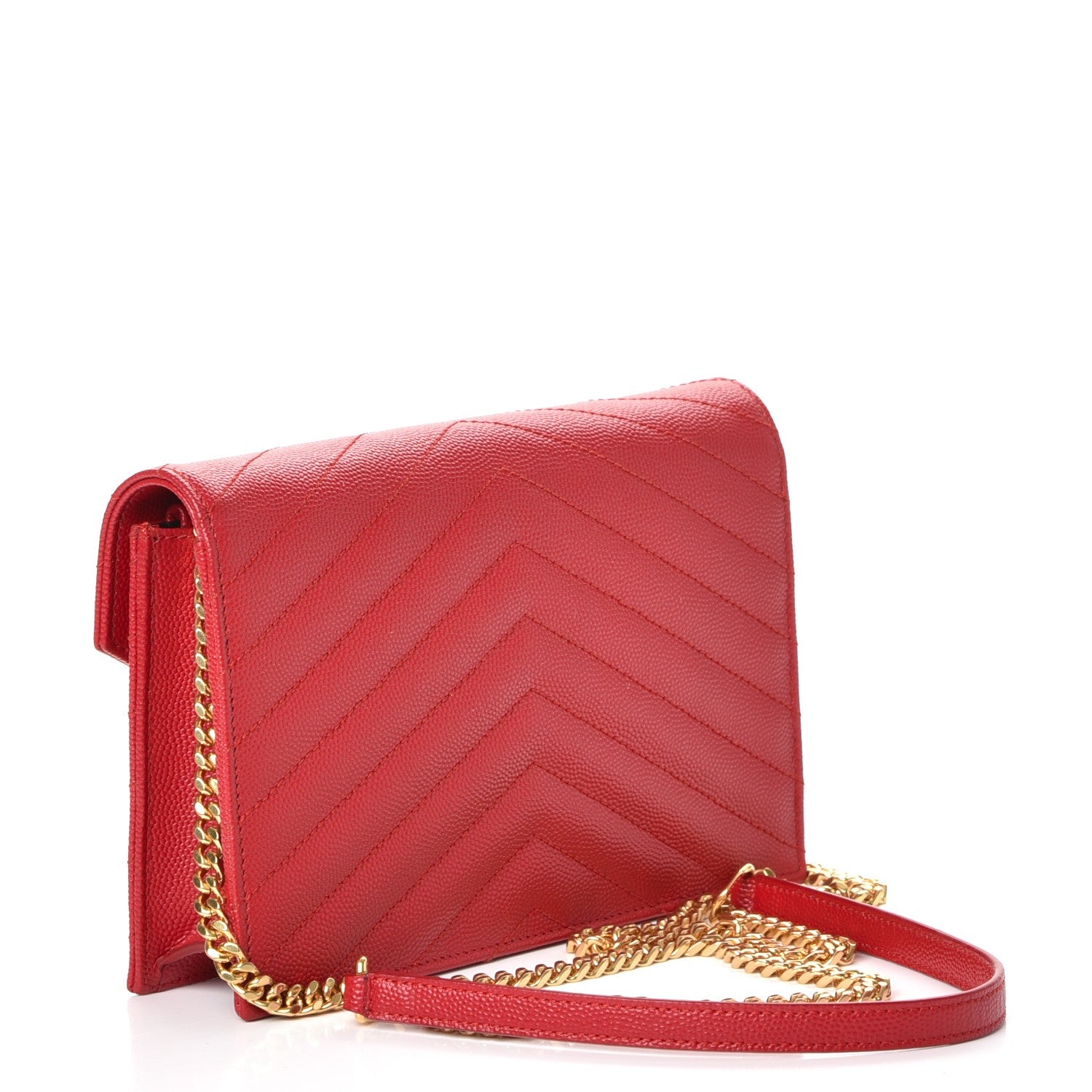 Saint Laurent Grain De Poudre Matelasse Chevron Monogram Envelope Chain Wallet New Red 3 of 9