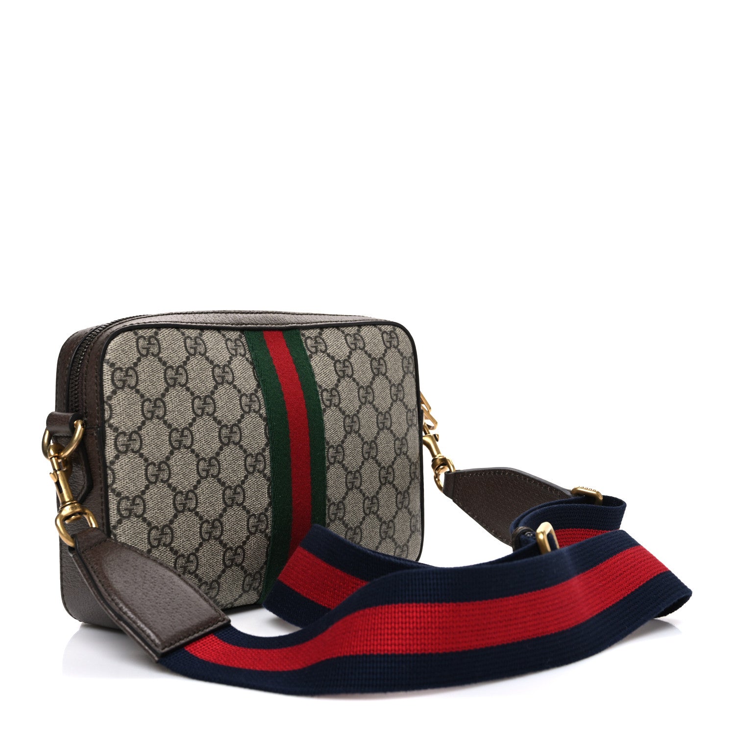 Gucci GG Supreme Monogram Textured Dollar Calfskin Web Ophidia Wristlet Shoulder Bag Beige Ebony New Acero 3 of 10