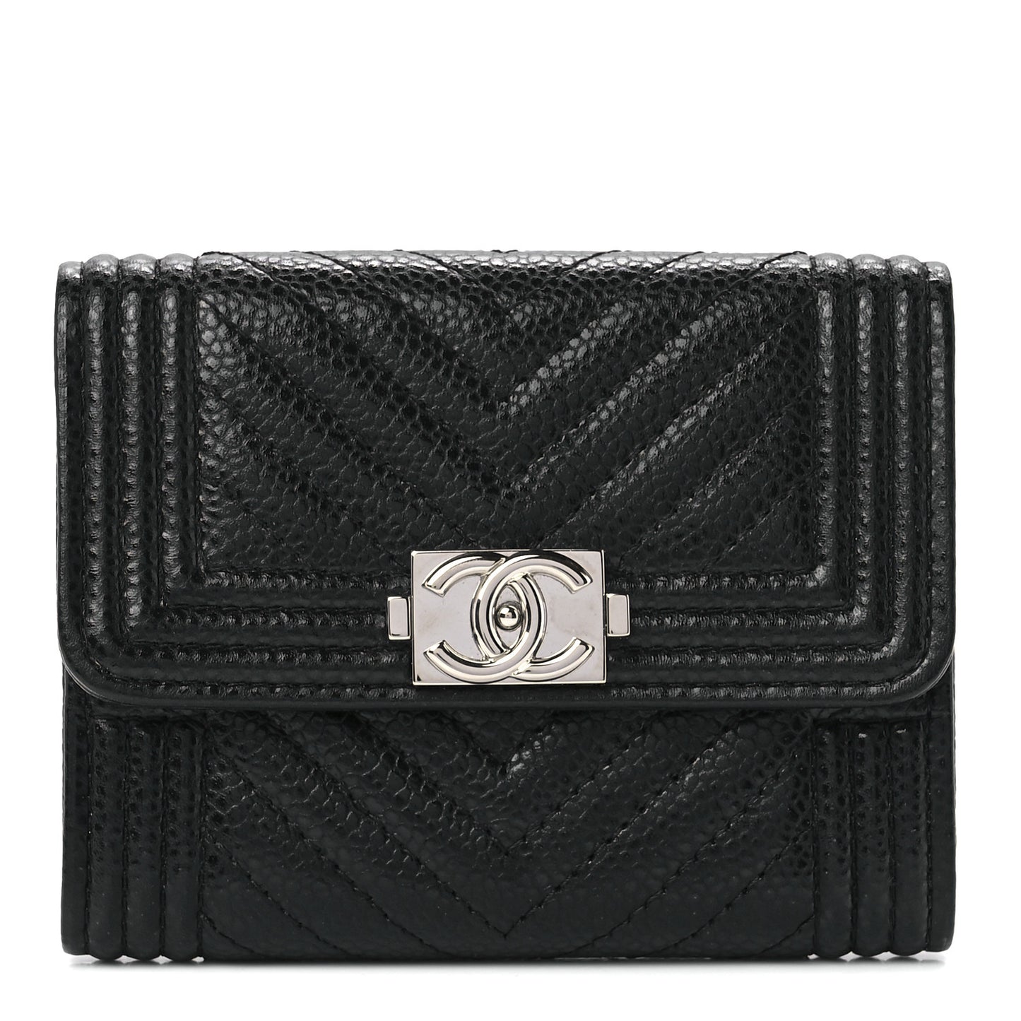 Caviar Chevron Quilted Boy Card Holder Wallet Black