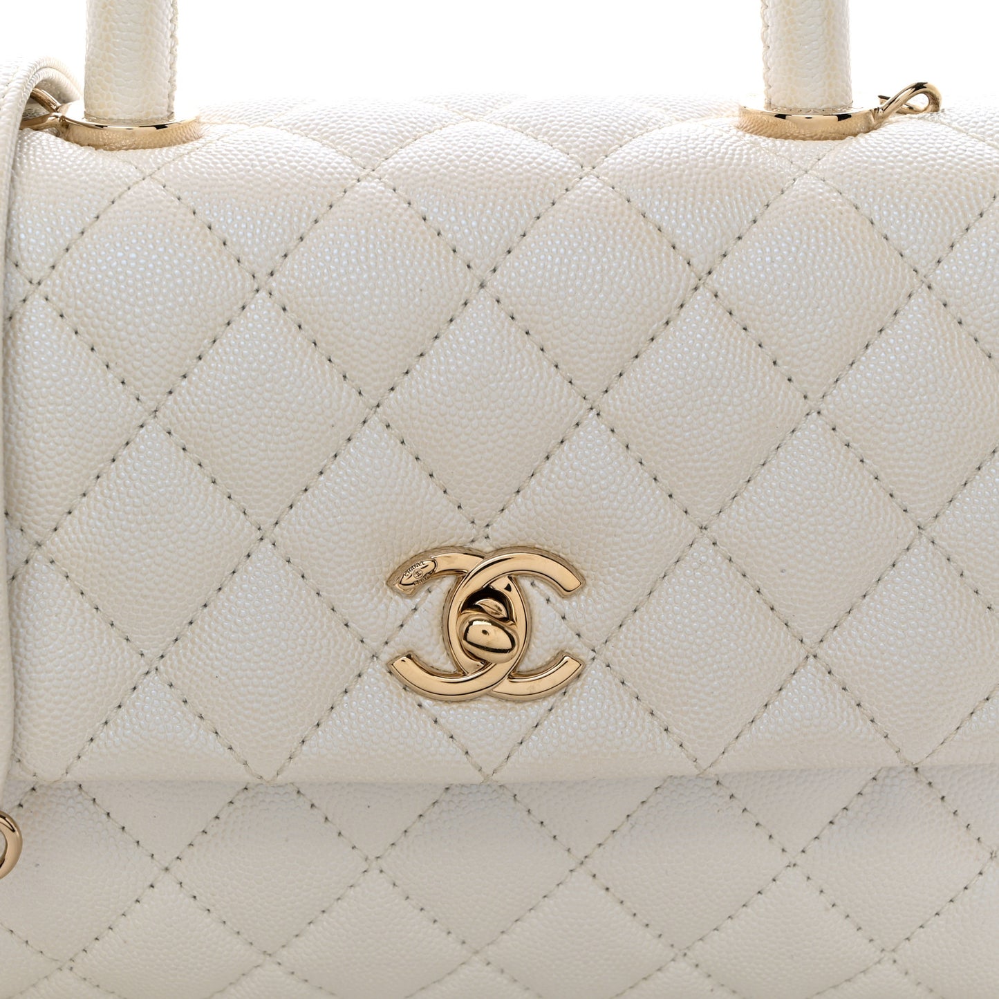 Iridescent Caviar Quilted Mini Coco Handle Flap White