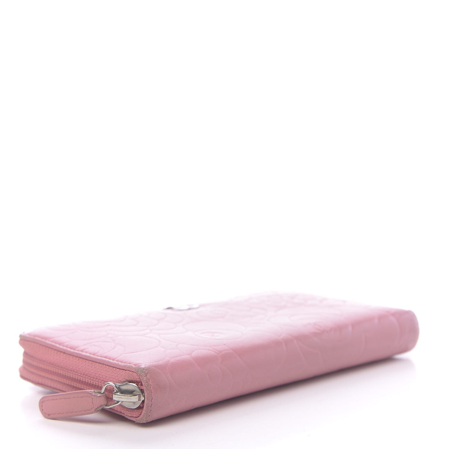 Lambskin Camellia Embossed Zip Around Large Gusset Wallet Pink