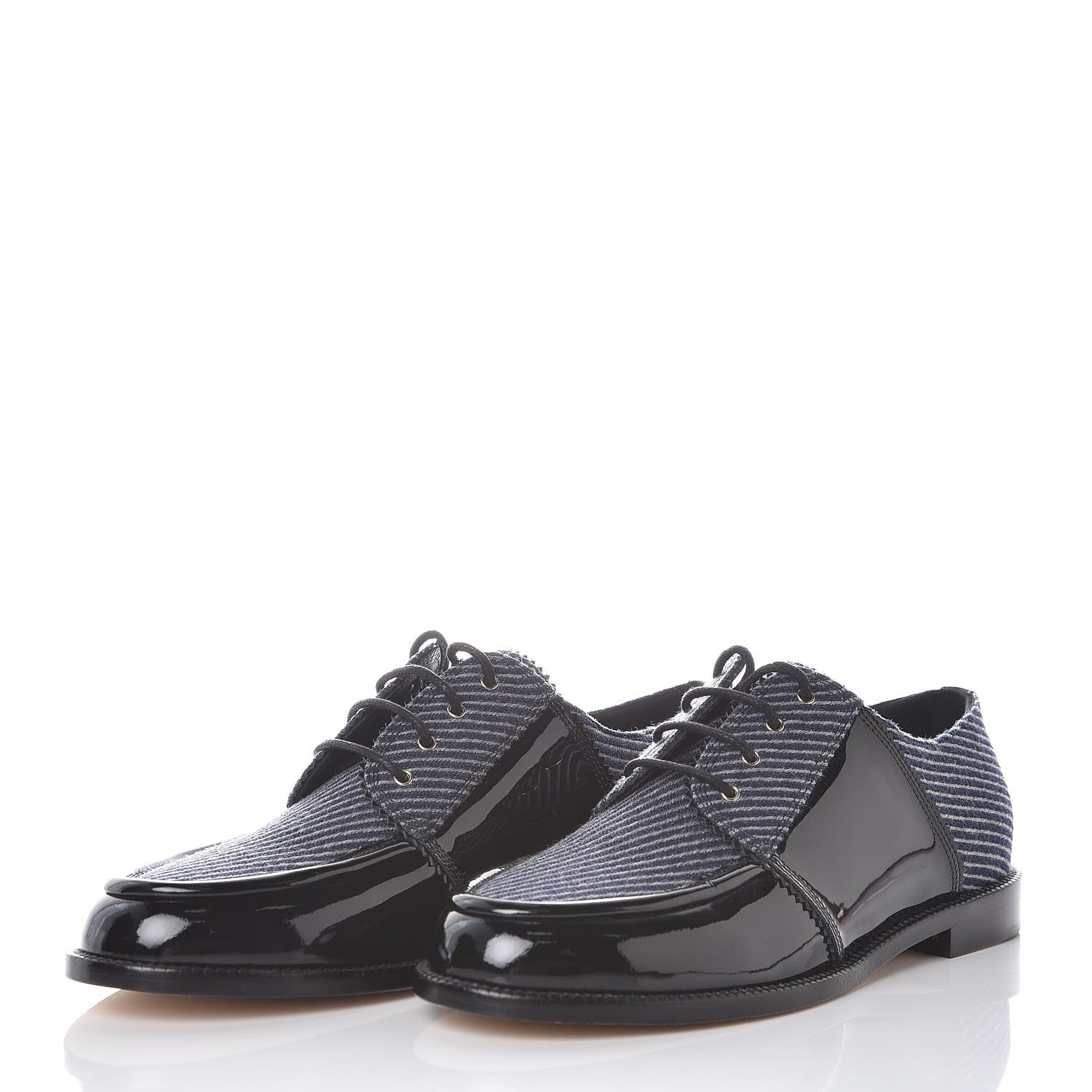 Chanel Tweed Patent CC Womens Lace Up Oxfords 39 Navy Grey Black 3 of 8