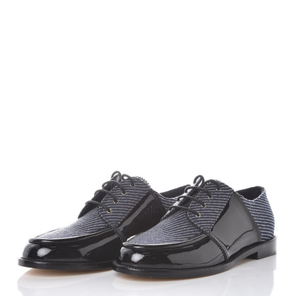Chanel Tweed Patent CC Womens Lace Up Oxfords 39 Navy Grey Black 3 of 8