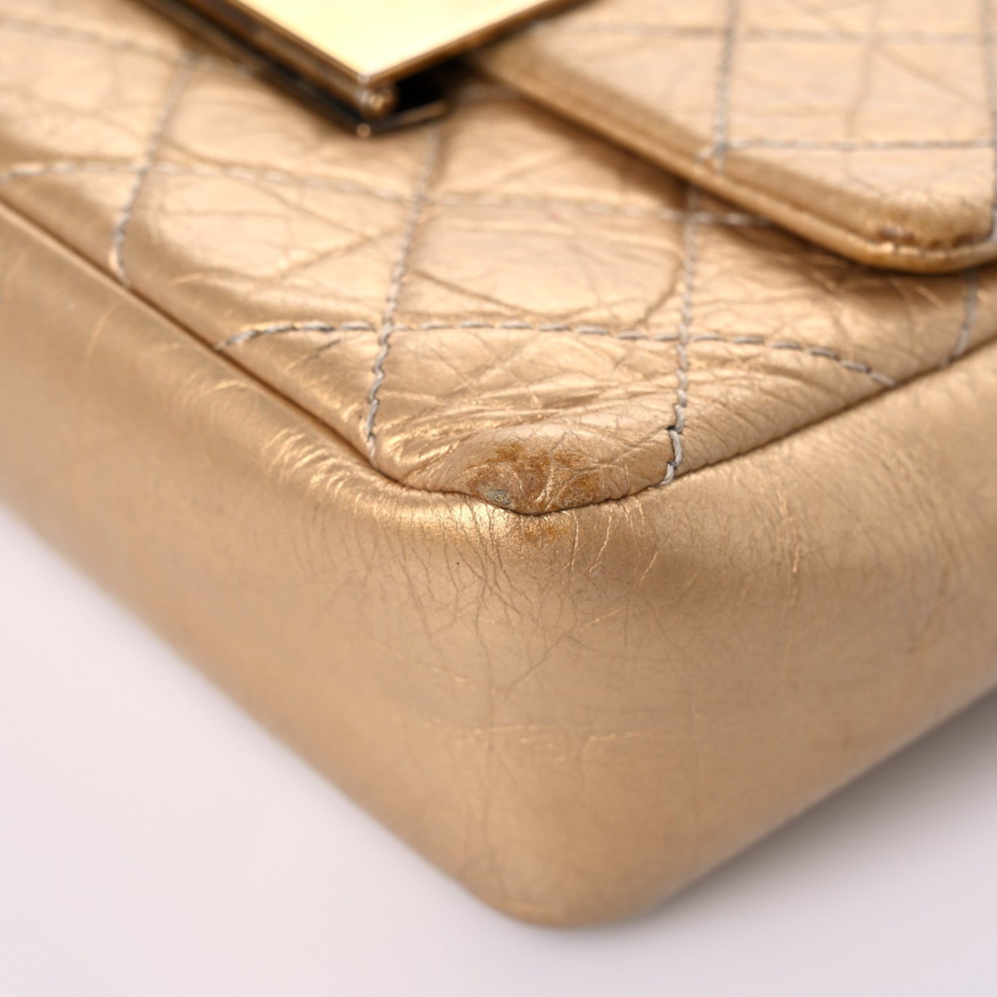 Metallic Aged Calfskin Quilted CC Square Flap Light Gold