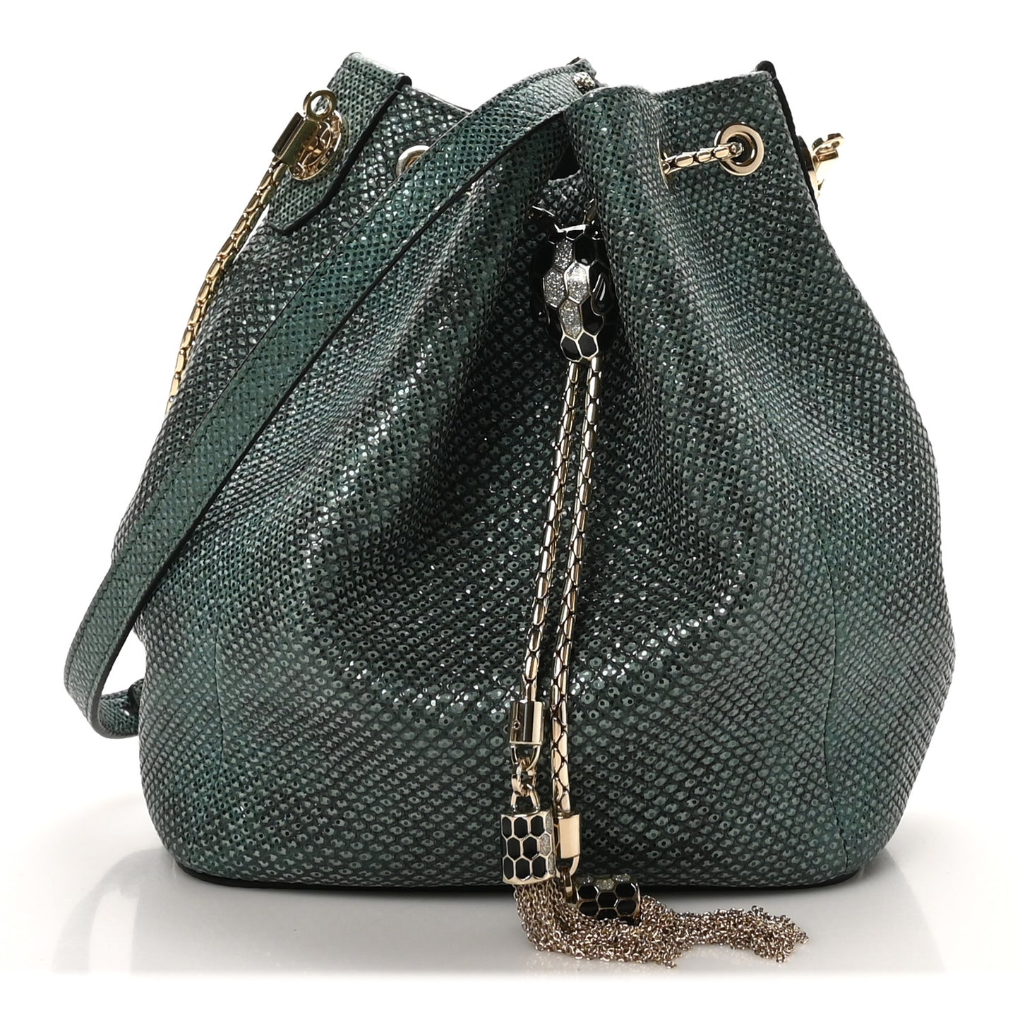 Metallic Karung Serpenti Forever Bucket Bag Emerald Green
