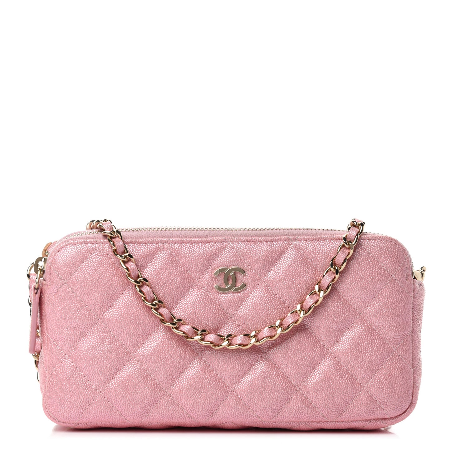 Iridescent Caviar Quilted Small Clutch With Chain Pink