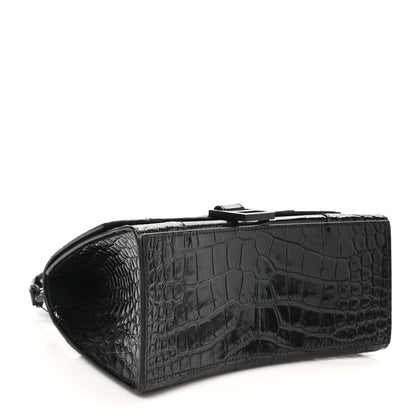 Balenciaga Shiny Calfskin Monochrome Crocodile Embossed Small Hourglass Top Handle Bag Black 4 of 10