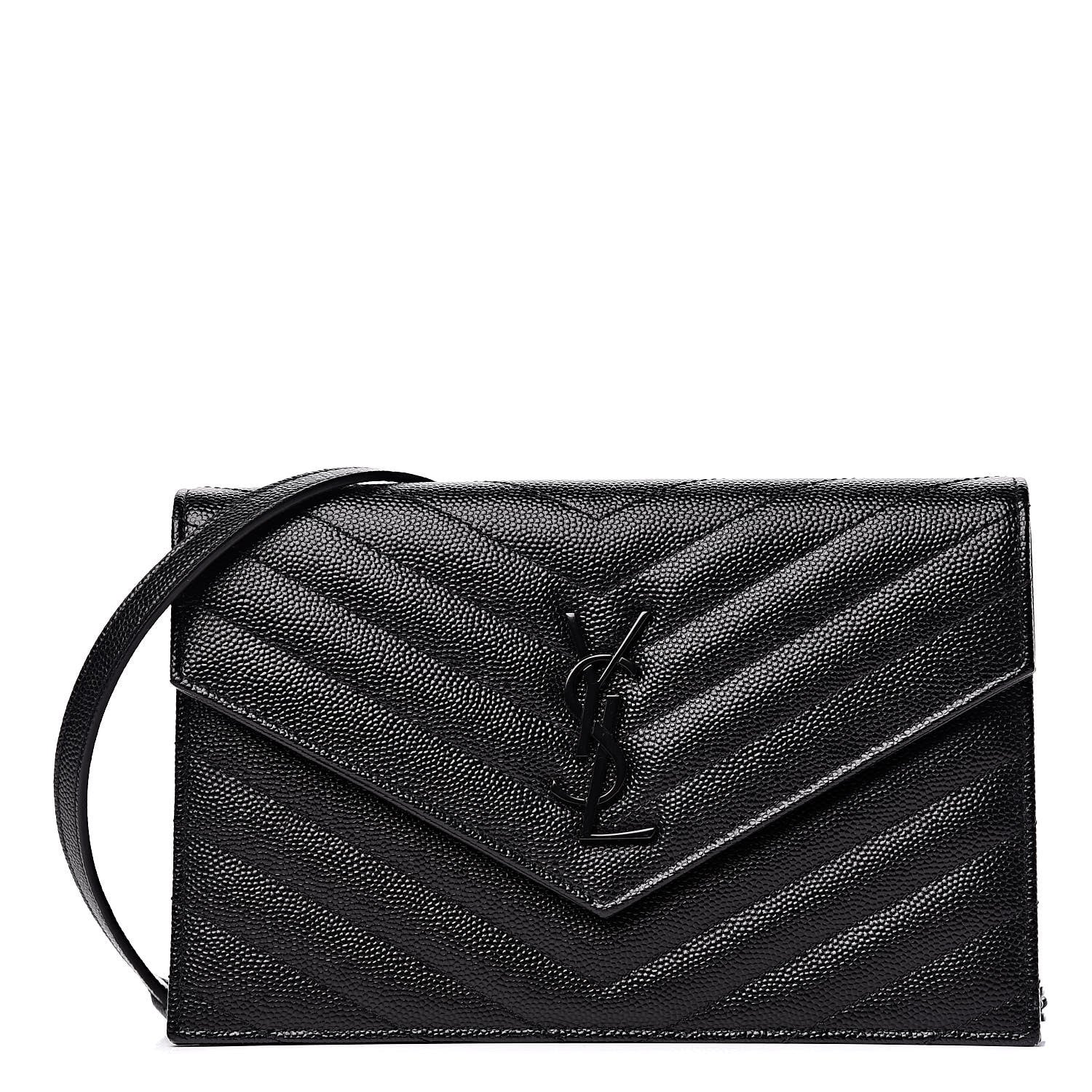 Saint Laurent Grain De Poudre Matelasse Chevron Monogram Envelope Chain Wallet Black 1 of 10