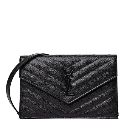 Saint Laurent Grain De Poudre Matelasse Chevron Monogram Envelope Chain Wallet Black 1 of 10