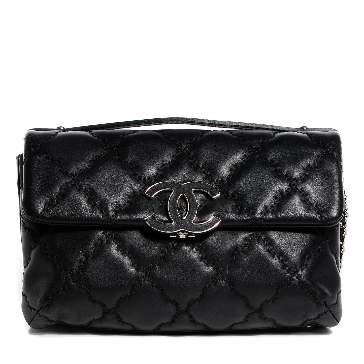 Calfskin Quilted Double Stitch Hamptons Clutch With Chain Black
