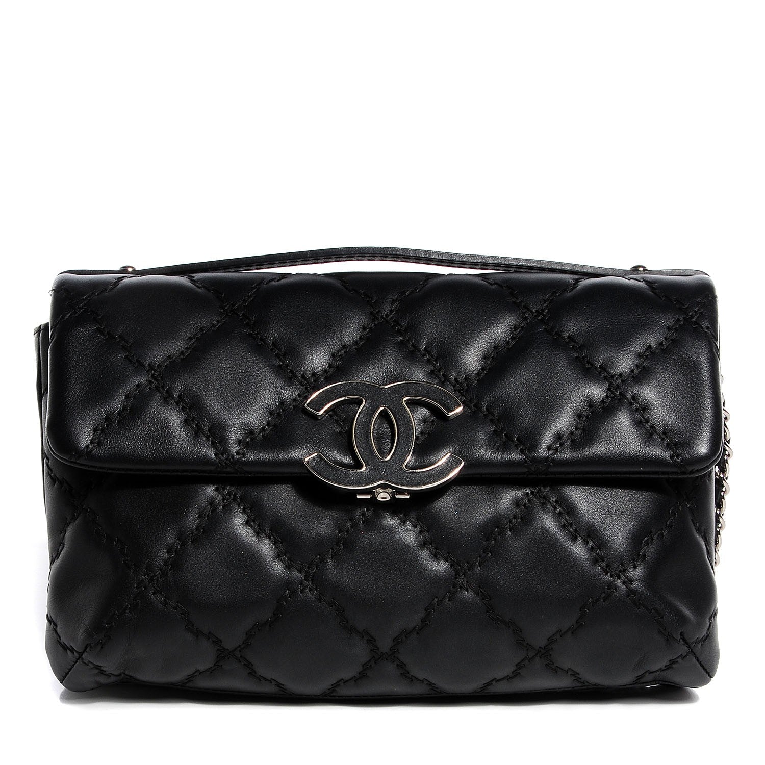 Chanel Calfskin Quilted Double Stitch Hamptons Clutch With Chain Black 1 of 8