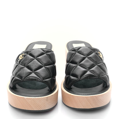 Chanel Lambskin Quilted CC Slip On Platform Sandals 39 Black 2 of 8