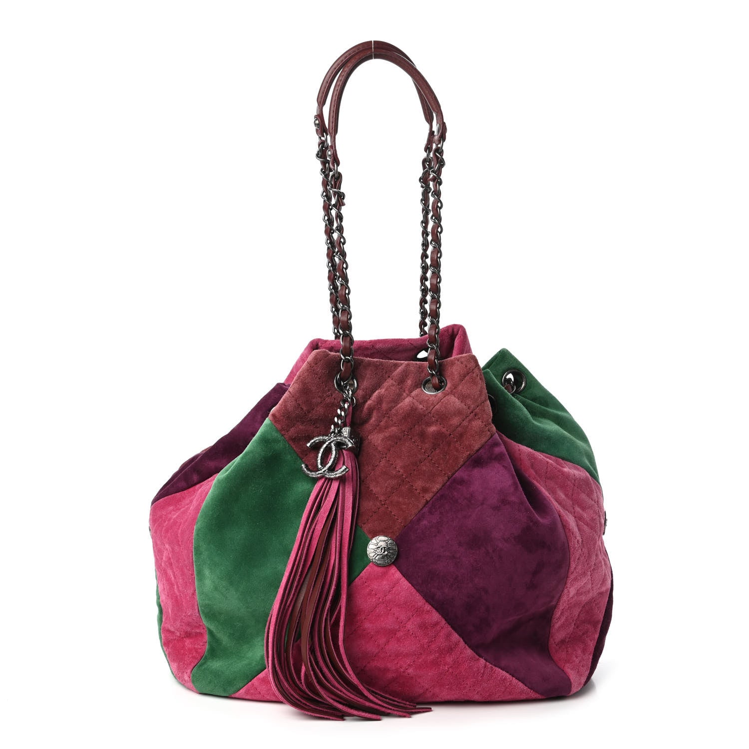 Chanel Suede Quilted Patchwork Drawstring Bag Green Pink Purple Burgundy 1 of 11