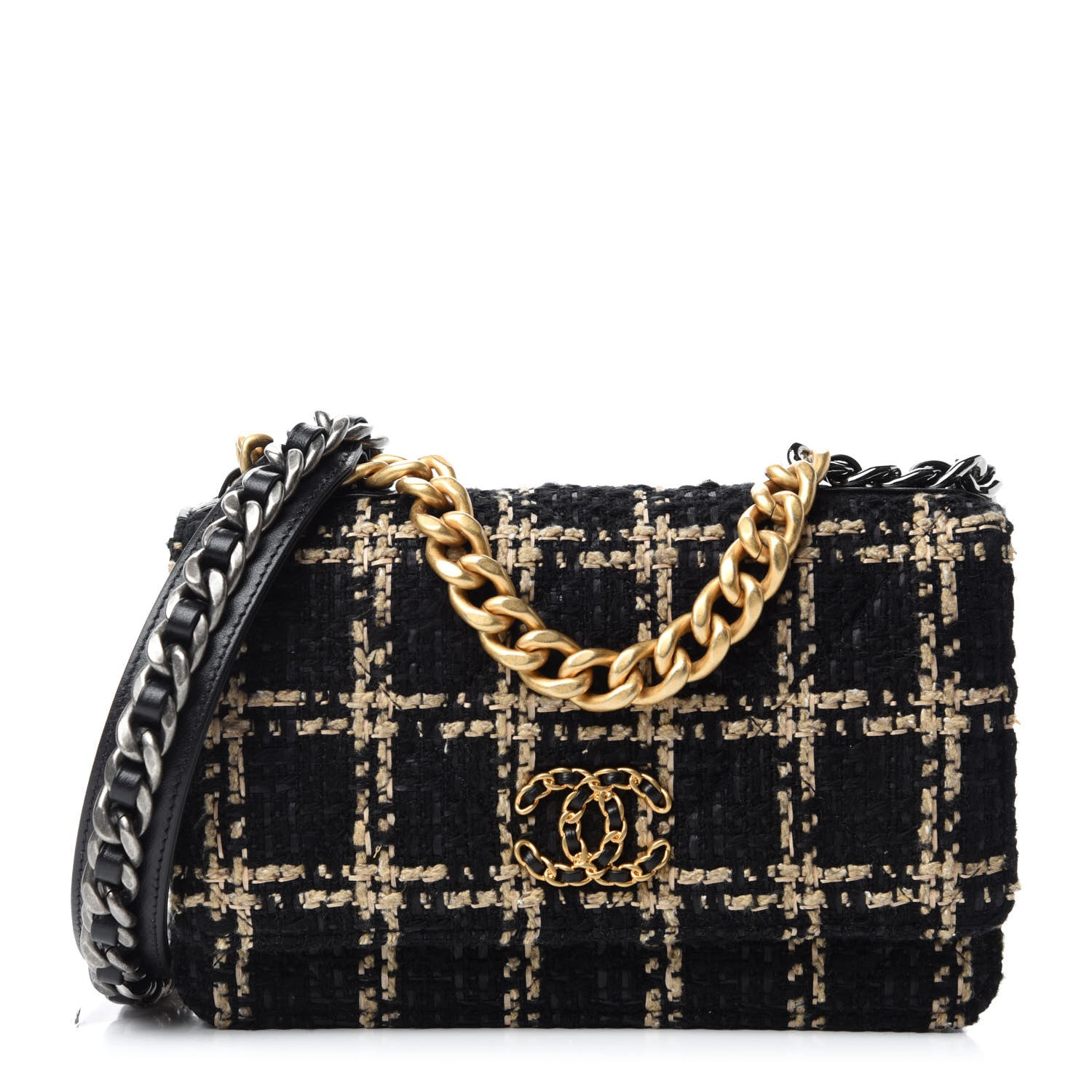 Chanel Tweed Quilted Chanel 19 Wallet On Chain WOC Black Beige 1 of 12