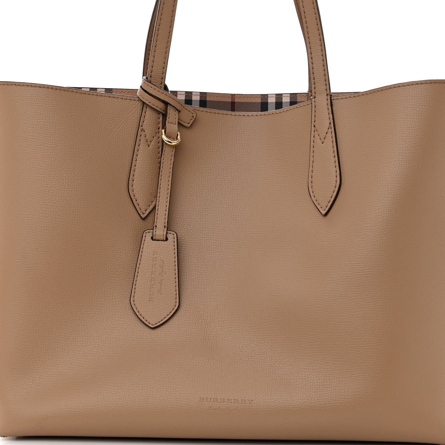 Burberry Grainy Calfskin Haymarket Check Medium Reversible Tote Camel 12 of 18