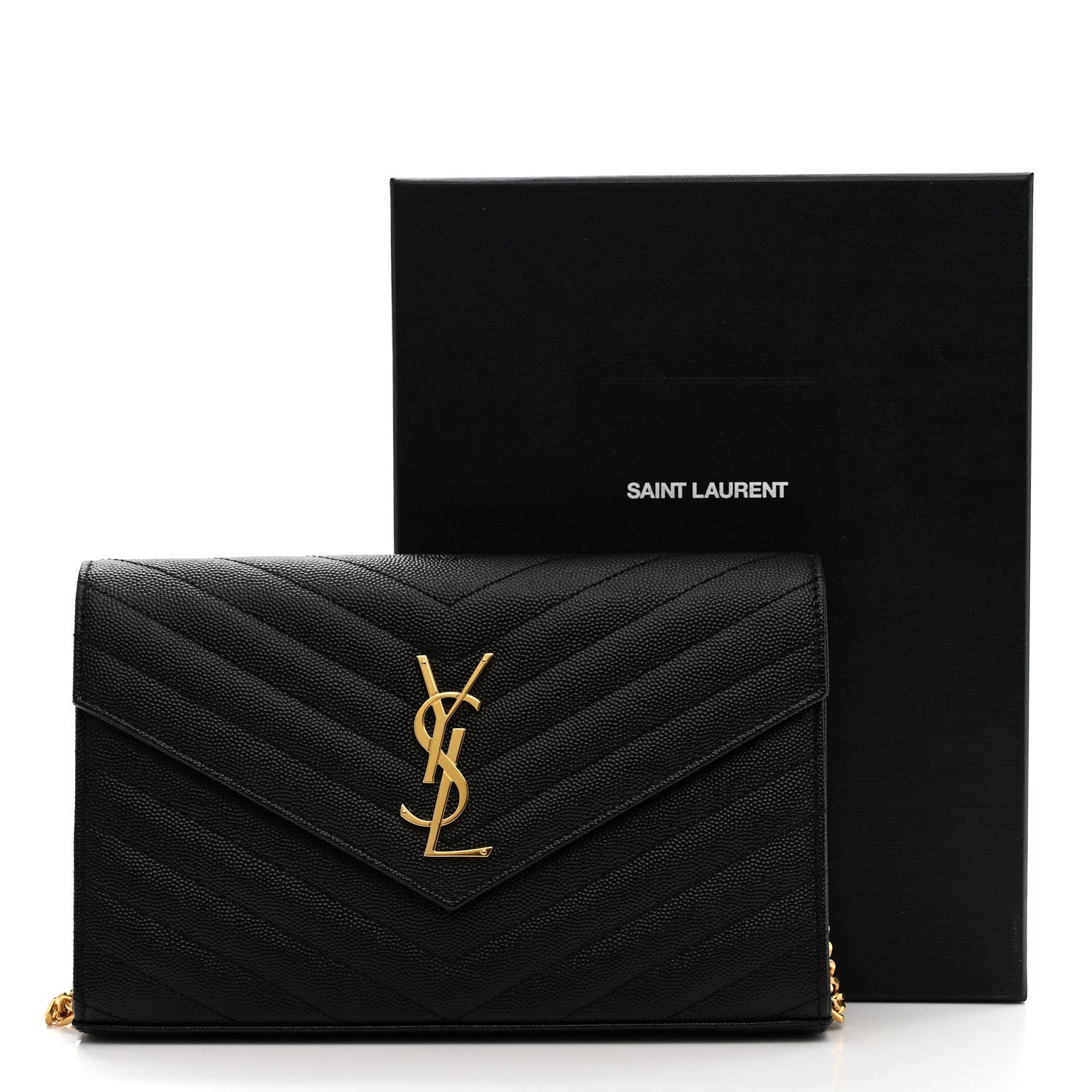 Saint Laurent Grain De Poudre Matelasse Chevron Monogram Chain Wallet Black 9 of 9
